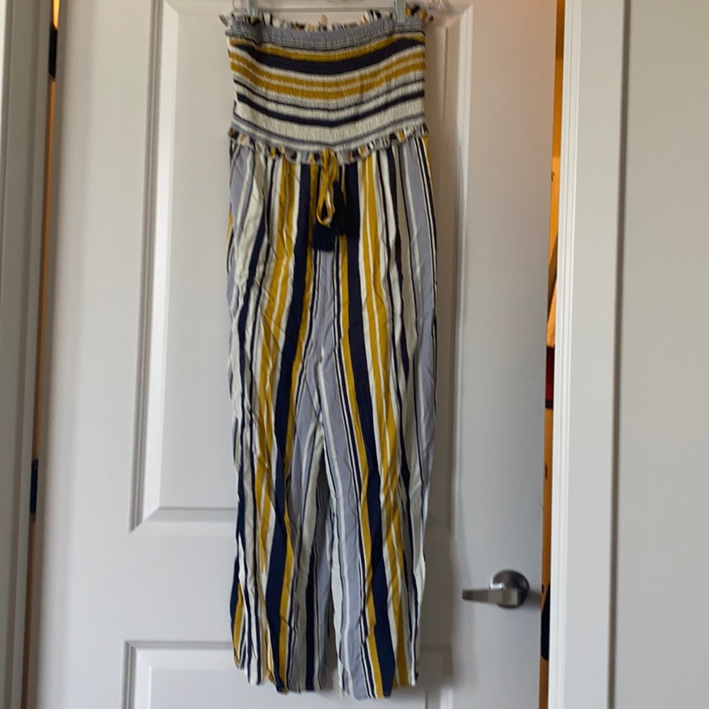 Blue and yellow striped jumpsuit